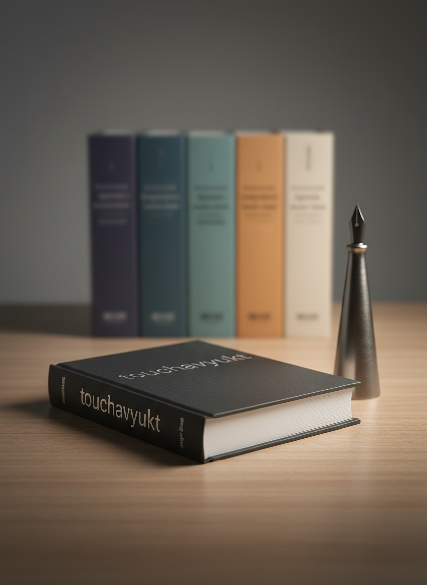 A sleek, hardbound book with the understated title “touchavyukt” embossed in silver on a matte charcoal cover rests on a minimalist wooden desk. Beside it, a subtle metallic fountain-pen-shaped sculpture symbolizes the author Avyukt Sahoo. In the background, four distinct blurred book spines form a cohesive color gradient, hinting at a varied body of work. Soft studio lighting from the left creates gentle highlights along the book’s edges and a calm shadow across the desk. The composition is centered with a shallow depth of field, creating a professional, contemplative mood and photographic realism suitable for a personal author homepage hero image.