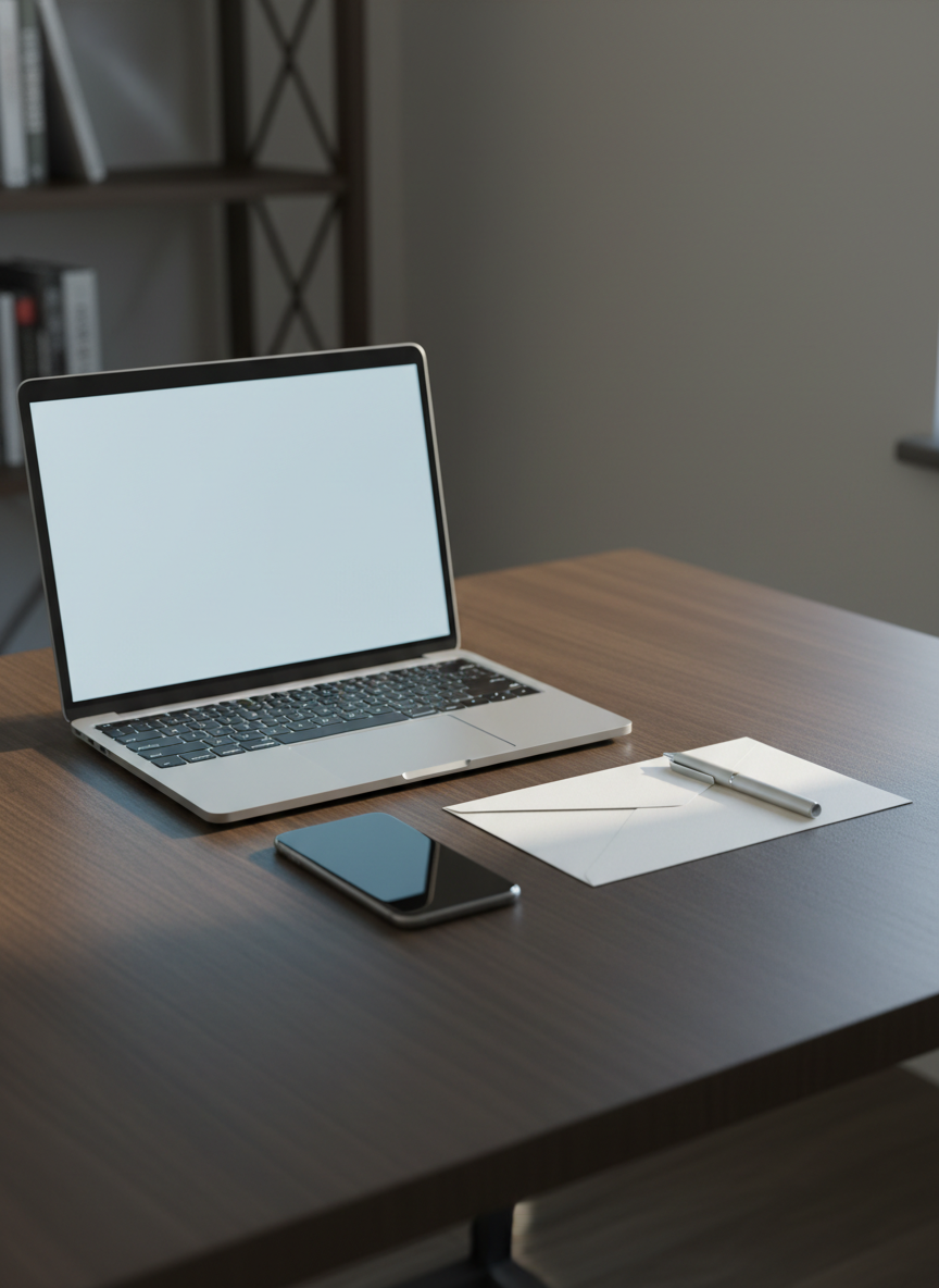 A minimalistic, professional contact workspace scene shows an open laptop with a blank, softly glowing screen, a simple smartphone lying face up, and a pristine, unmarked envelope with a matching pen aligned beside it. The devices are placed on a smooth, dark wooden desk with a subtle grain, set against a neutral, blurred backdrop hinting at bookshelves. Cool, diffused daylight enters from the right, adding a crisp edge light to the laptop and phone, while leaving the envelope warmly lit. The composition is centered and symmetrical in photographic realism, conveying clarity, accessibility, and an inviting atmosphere for a “Contact the Author” page.