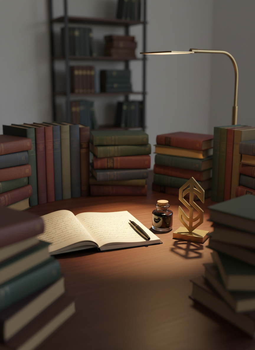 A polished writing desk holds a slim, open notebook with neatly spaced, handwritten-style lines, a classic ink bottle, and a geometric metal emblem subtly representing the initials "A" and "S" without legible text. Around the desk, stacks of carefully arranged books form a semi-circle, suggesting workshops, readings, and literary activity. A blurred background reveals a modern bookshelf and a soft-glowing desk lamp. Warm, directional lamplight pools across the notebook, casting gentle shadows from the pen and emblem. The mood is focused and creative, with a professional yet intimate tone. Photographic realism, shot from a slightly elevated angle with shallow depth of field.