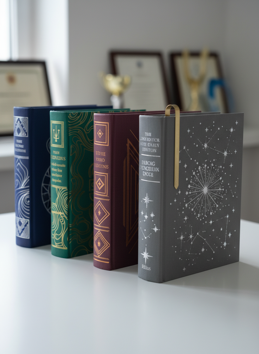 An orderly arrangement of four hardbound books by an unseen author is displayed on a clean white tabletop, each with a unique cover color and elegant, abstract artwork. A subtle metallic bookmark lies between the foremost pages, suggesting active reading and literary engagement. Behind them, softly out-of-focus framed certificates and minimalist trophy silhouettes hint at awards and media recognition without showing any text. Cool, diffused daylight from a nearby window washes the scene, creating soft reflections and a professional, refined atmosphere. Captured at eye level with a balanced rule-of-thirds composition and crisp photographic realism, ideal for showcasing an author’s bibliography section.