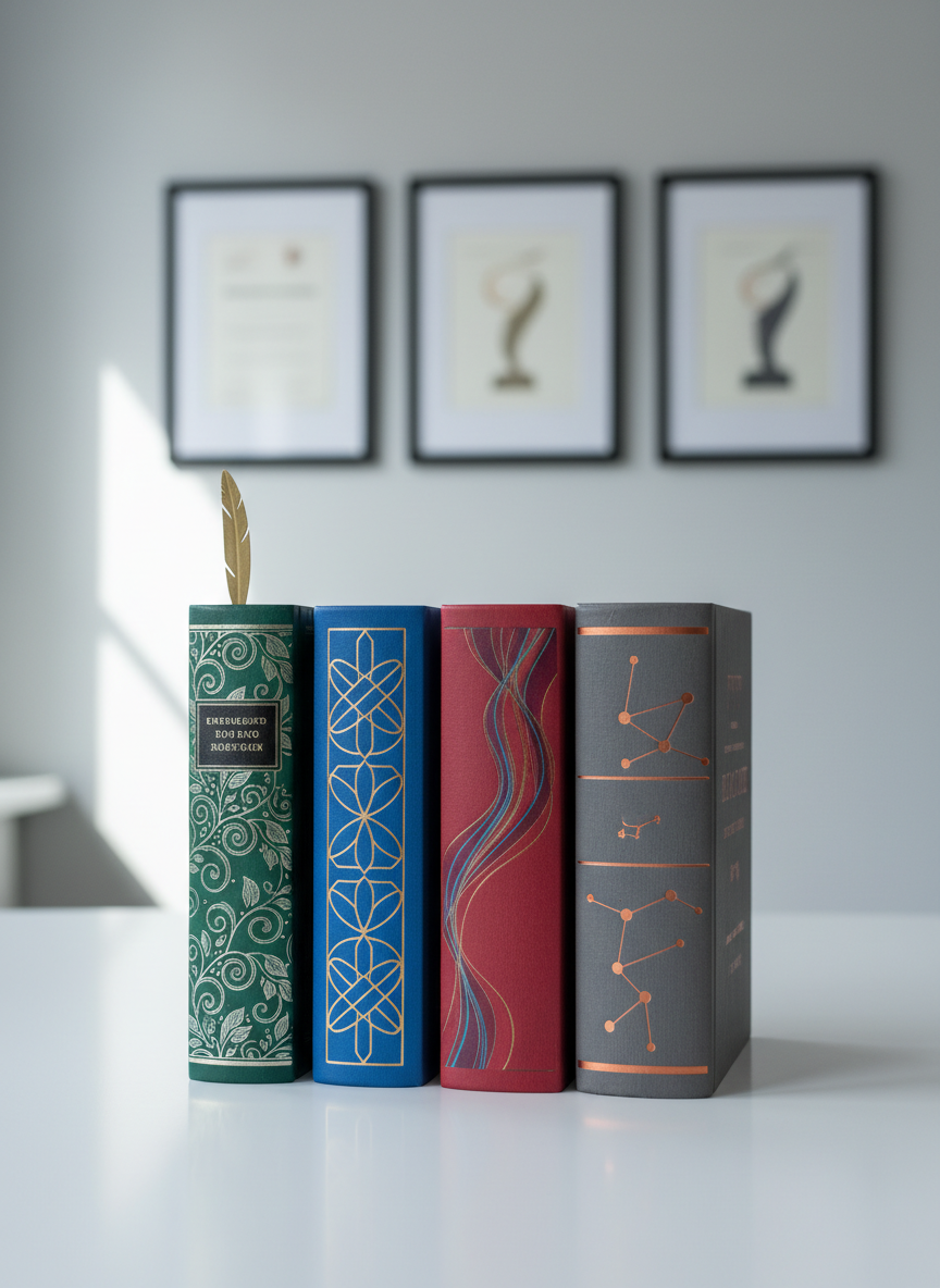 An orderly arrangement of four hardbound books by an unseen author is displayed on a clean white tabletop, each with a unique cover color and elegant, abstract artwork. A subtle metallic bookmark lies between the foremost pages, suggesting active reading and literary engagement. Behind them, softly out-of-focus framed certificates and minimalist trophy silhouettes hint at awards and media recognition without showing any text. Cool, diffused daylight from a nearby window washes the scene, creating soft reflections and a professional, refined atmosphere. Captured at eye level with a balanced rule-of-thirds composition and crisp photographic realism, ideal for showcasing an author’s bibliography section.