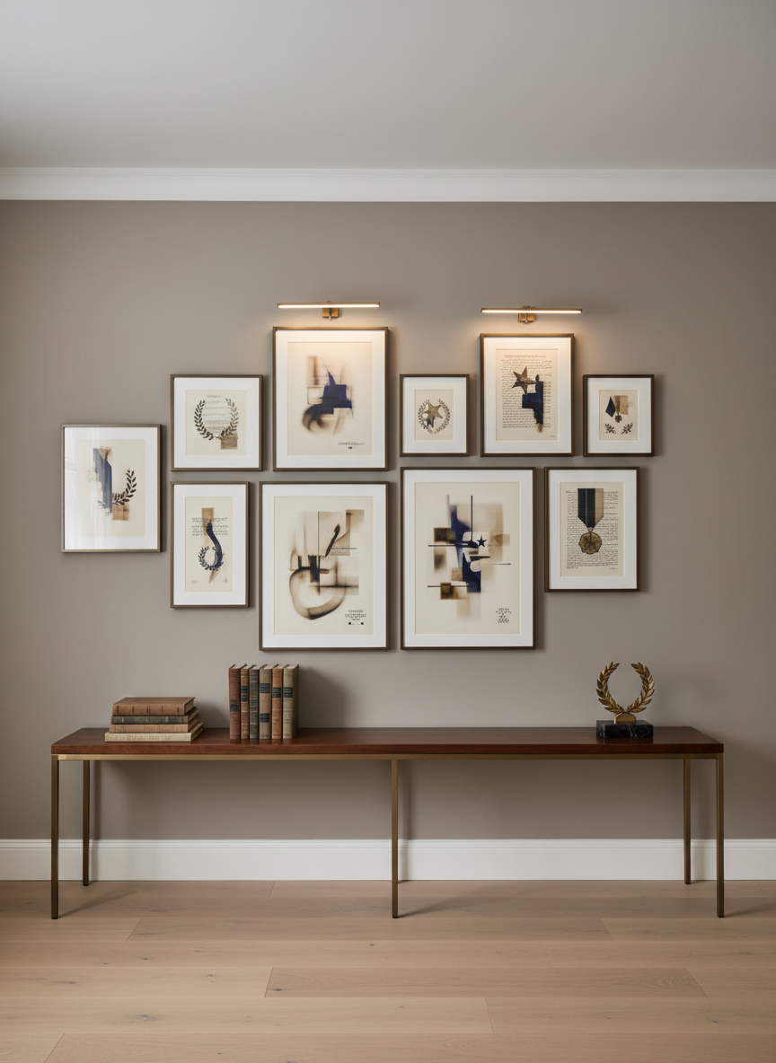A refined gallery wall in a modern study displays an array of framed, abstract photographic prints, each resembling blurred book pages, ink strokes, and subtle award-like shapes, suggesting critical acclaim and media features. Below, a narrow console table holds neatly stacked books and a small metallic sculpture shaped like a laurel wreath. Soft, even ambient lighting and hidden LED strips above the frames create clean highlights without harsh shadows. Captured in wide-angle photographic realism, the composition uses strong horizontal lines and asymmetrical balance, evoking a sophisticated, museum-like atmosphere ideal for an awards and media showcase page on an author’s site.