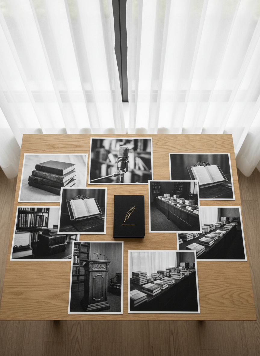 A clean, modern wooden table near a large window is scattered with printed black-and-white photographs of literary scenes: close-ups of book stacks, microphones, reading podiums, and signing tables, all artfully cropped to avoid people. A slim, closed notebook with a subtle embossed symbol rests at the center, unifying the spread. Soft natural daylight filters through sheer curtains, creating gentle, dappled light and a serene, reflective mood. Photographic realism, shot from an overhead, bird’s-eye perspective with sharp focus throughout, emphasizing the sense of a curated photo gallery that documents an author’s professional journey without showing any human subjects.