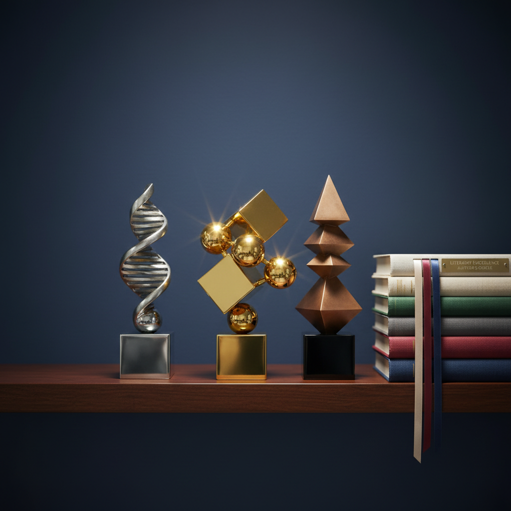 An elegant, trophy-like arrangement symbolizing literary awards for an accomplished author: a polished dark wood shelf displaying three abstract metallic sculptures in gold, silver, and bronze, each with clean, modern geometric shapes instead of figurative forms. Beside them rests a stack of thick, clothbound books with ribbon markers. The background is a softly blurred wall in deep midnight blue, adding depth and gravitas. Subtle spotlighting from above creates shimmering reflections on the metal and crisp shadows on the shelf edge. Photographic realism, shot at a slightly low angle to emphasize prestige, with a balanced, centered composition and a sophisticated, celebratory atmosphere tailored for an awards or achievements section.