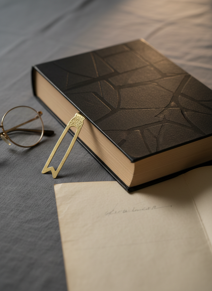 A cinematic close-up of a single, unbranded literary novel that represents Avyukt Sahoo’s work, lying on a slate-grey linen surface. The book has a matte black cover with a subtle embossed abstract pattern, no visible text, and slightly worn edges suggesting it is well-read. Around it lie a brass bookmark, a pair of thin-framed reading glasses, and a softly folded parchment-colored notebook. Warm, diffused studio lighting from above and to the right creates gentle gradients and delicate shadows, enhancing texture. Photographic realism, captured from a slightly elevated angle with shallow depth of field and a calm, contemplative mood, ideal as a general book-focused visual for a personal author site.
