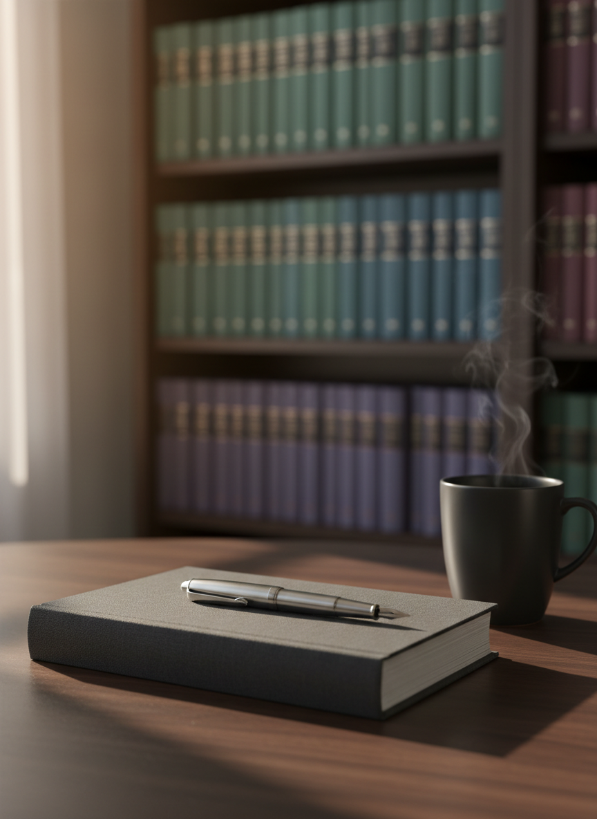 A refined author’s writing desk arranged as the quiet heart of a literary website: a dark walnut tabletop with a closed, unbranded hardcover book in deep charcoal, a sleek fountain pen resting across it, and a minimalist ceramic mug of tea. Behind them, tall bookshelves fade into soft blur, filled with uniformly bound novels in muted jewel tones. Gentle late-afternoon window light falls from the left, creating crisp, elegant highlights on the pen clip and subtle shadows along the book’s linen texture. Photographic realism, shot at eye level with shallow depth of field, framed using the rule of thirds for a sophisticated, professional mood suitable for a hero header image on an author’s homepage.