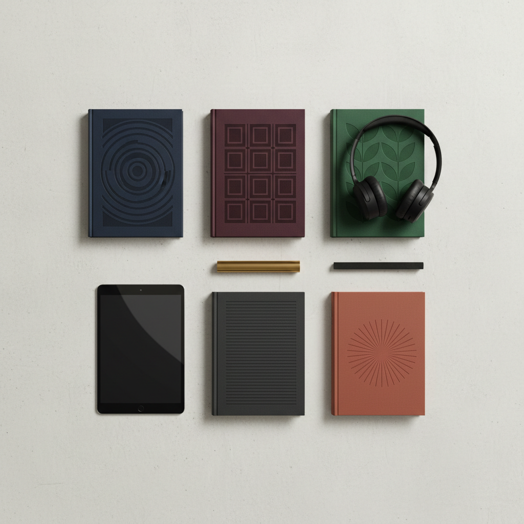 A stylish flat-lay composition suggesting a gallery of book covers for Avyukt Sahoo: four to six unbranded hardcover books in varied but harmonized deep tones—ink blue, burgundy, forest green, and charcoal—arranged neatly on a pale concrete surface. Each cover is completely text-free, distinguished only by subtle embossed patterns and different spine widths. Between them are a slim tablet with a blank dark screen, a minimalist pair of over-ear headphones, and a brass paperweight. Soft studio lighting from above creates clean, gentle shadows and crisp, modern lines. Photographic realism, top-down perspective with plenty of negative space at the edges, evoking a curated, sophisticated online library or book gallery.