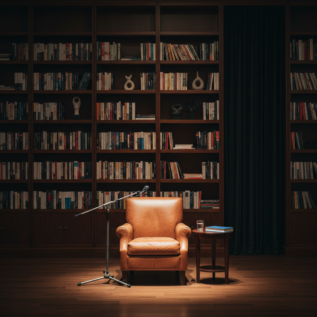 A poised media and events scene without people: a minimalist stage setup for an author reading, featuring a lone, unoccupied leather armchair in warm cognac brown, a small round side table with a glass of water and a closed book, and a slender microphone stand positioned slightly off-center. The backdrop is a tall bookshelf wall filled with tastefully arranged books and a subtle, dark curtain. Soft, warm spotlighting creates a pool of light around the chair and table, with the rest of the room receding into gentle shadow. Photographic realism, wide-angle shot from audience perspective, conveying anticipation, professionalism, and sophistication for a media or events page.