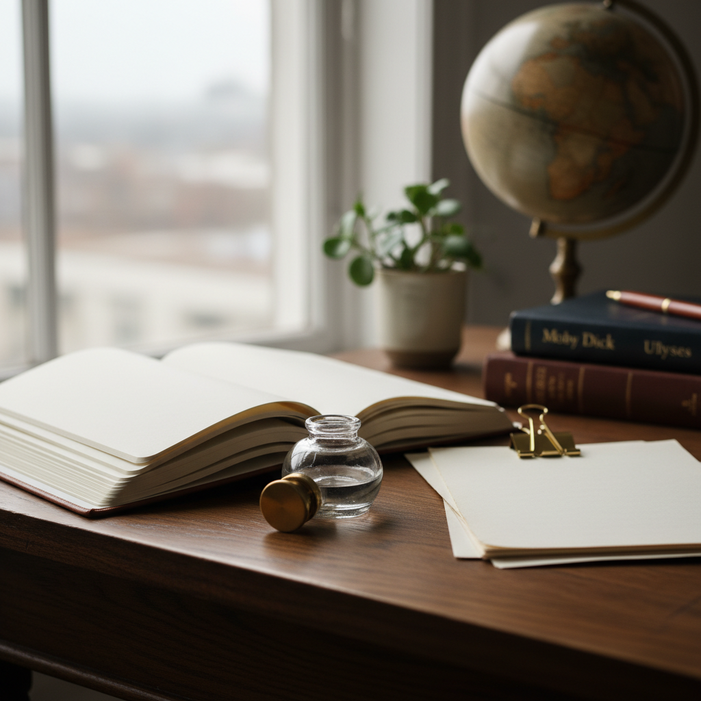 A thoughtfully composed biographical still life representing the mind of an author: an open hardcover notebook filled with blank ivory pages, a vintage-style ink bottle with its cap resting nearby, and a neatly stacked pile of unmarked manuscript pages secured with a brass paperclip. They sit on a smooth, dark oak table near a large window, through which soft overcast daylight filters, casting diffused, shadowless illumination. In the out-of-focus background, a globe, a small plant, and spines of classic literature hint at curiosity and depth. Photographic realism, medium close-up with shallow depth of field and rule-of-thirds composition, creating an introspective, sophisticated mood ideal for an “About the Author” or biography section.